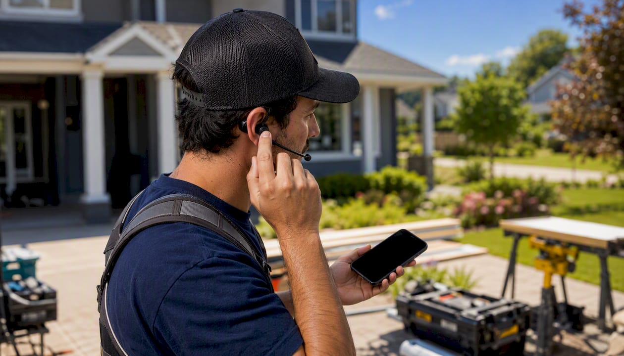 Tradesperson adjusting headset outdoors near work vehicle