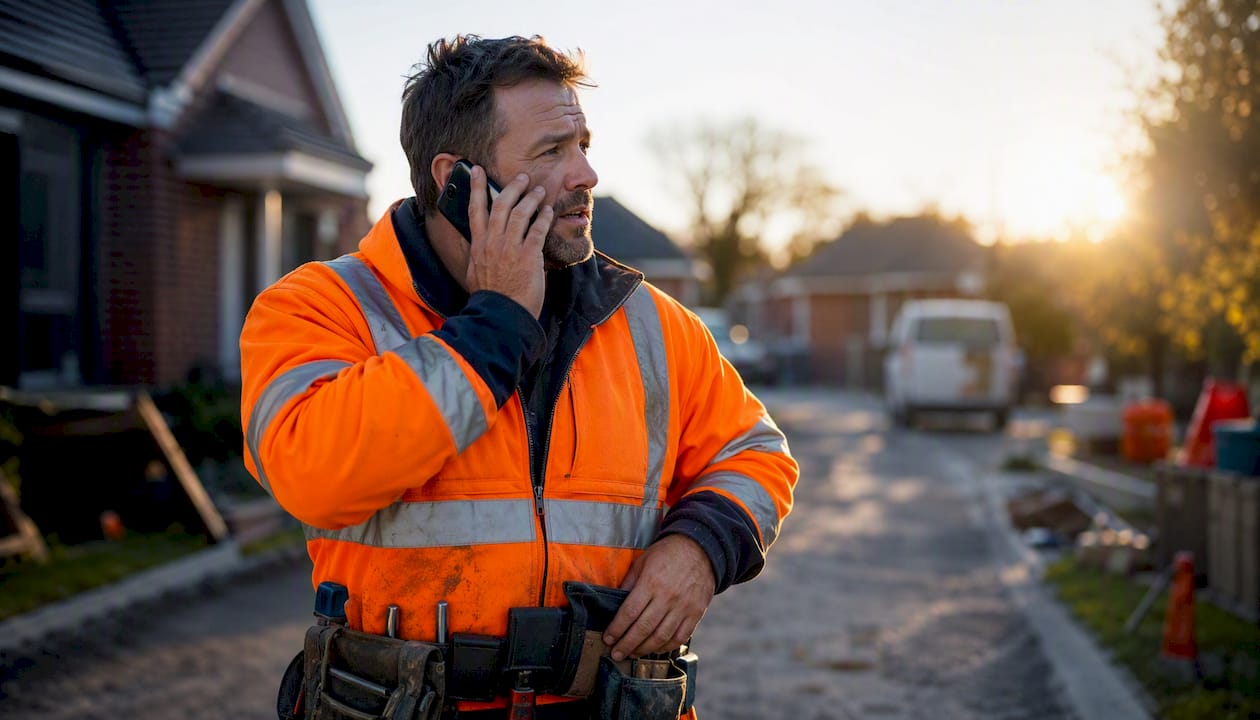 Tradesperson on phone at construction site