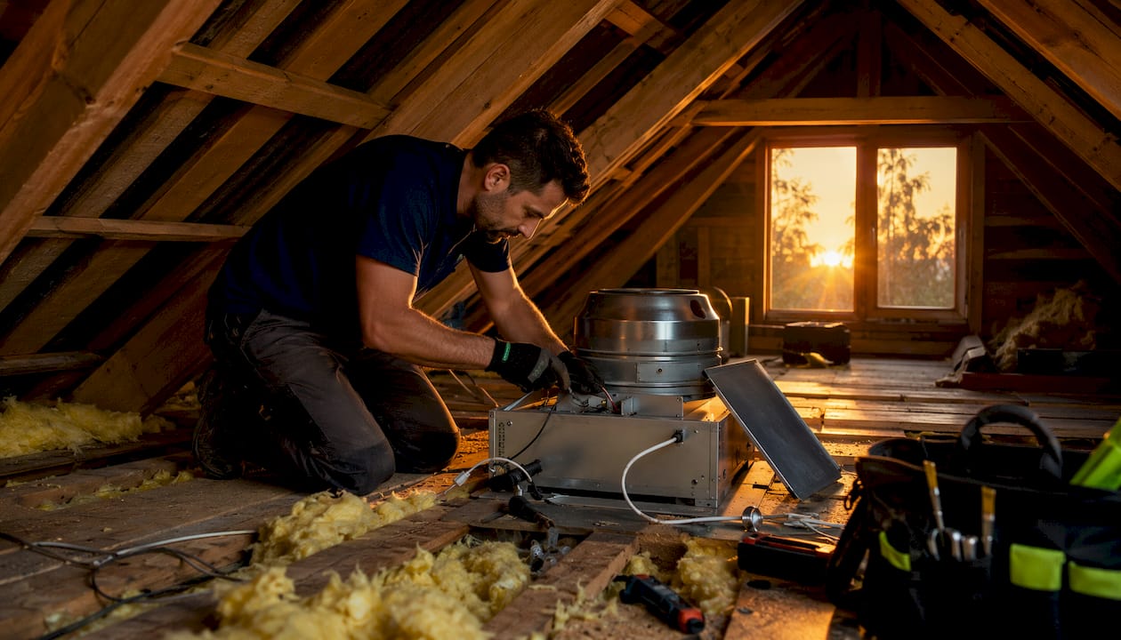 Technician installing attic mechanical extraction fan