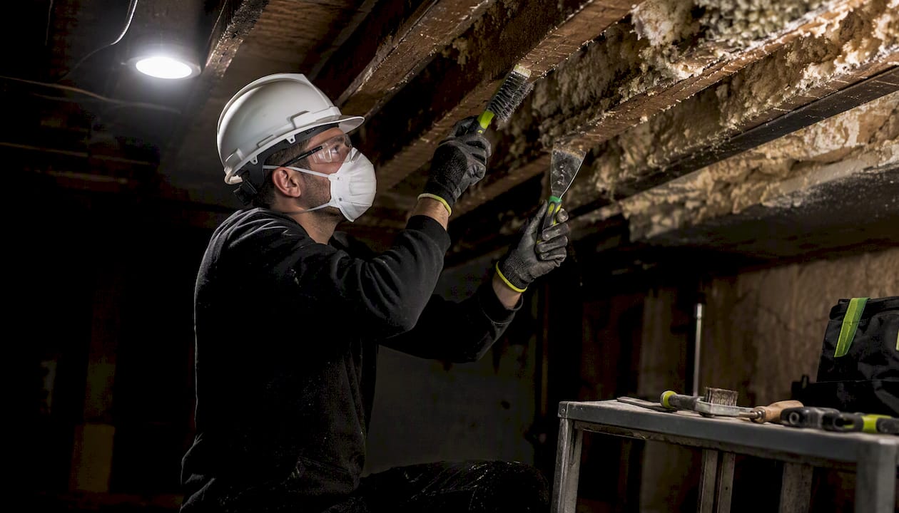 Technician mechanically removing spray foam from roof timber