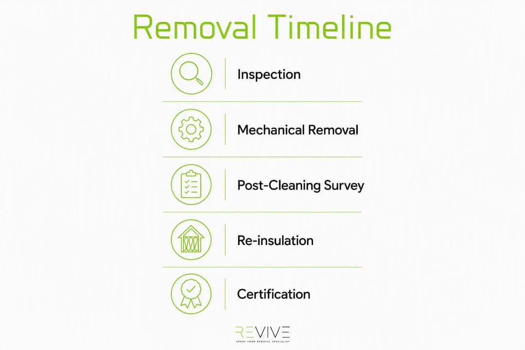 Infographic illustrating spray foam removal timeline steps