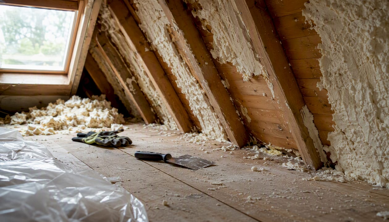 Partially removed spray foam exposing attic rafters