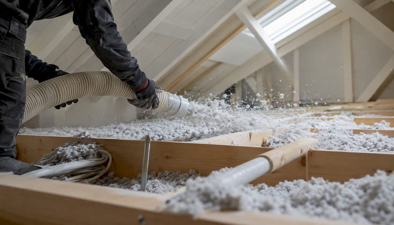 Technician injecting blown cellulose insulation in loft