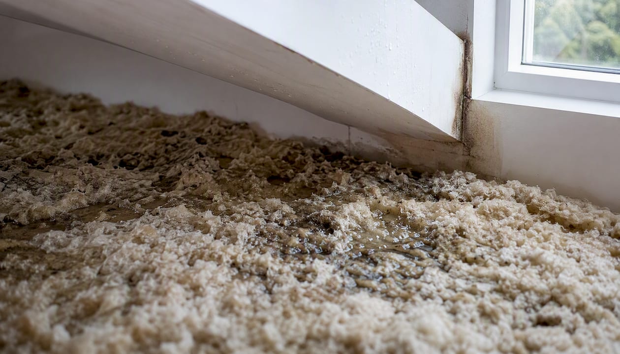 Damp cellulose insulation in attic near leak