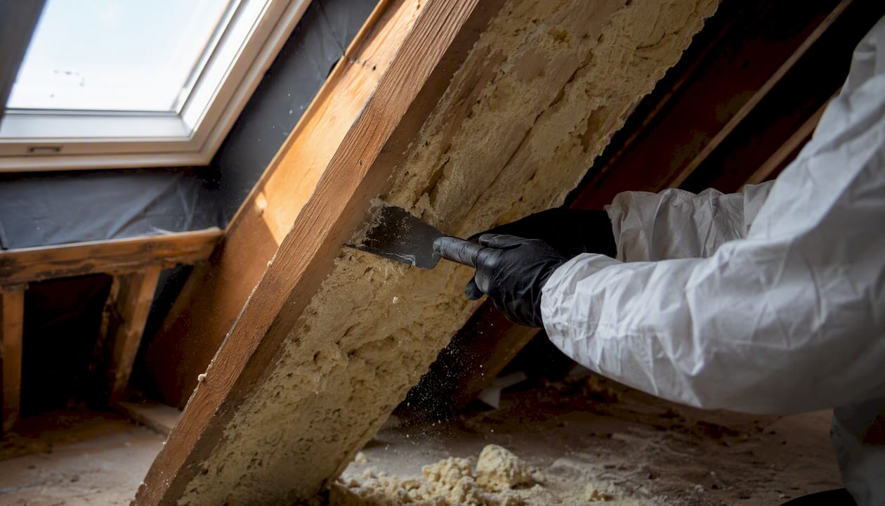Specialist carefully cutting spray foam in loft space