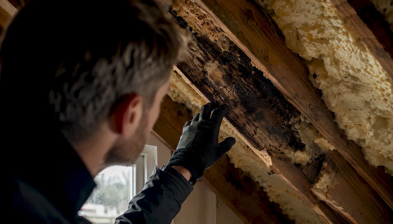Gloved hand pointing to mould on attic timber