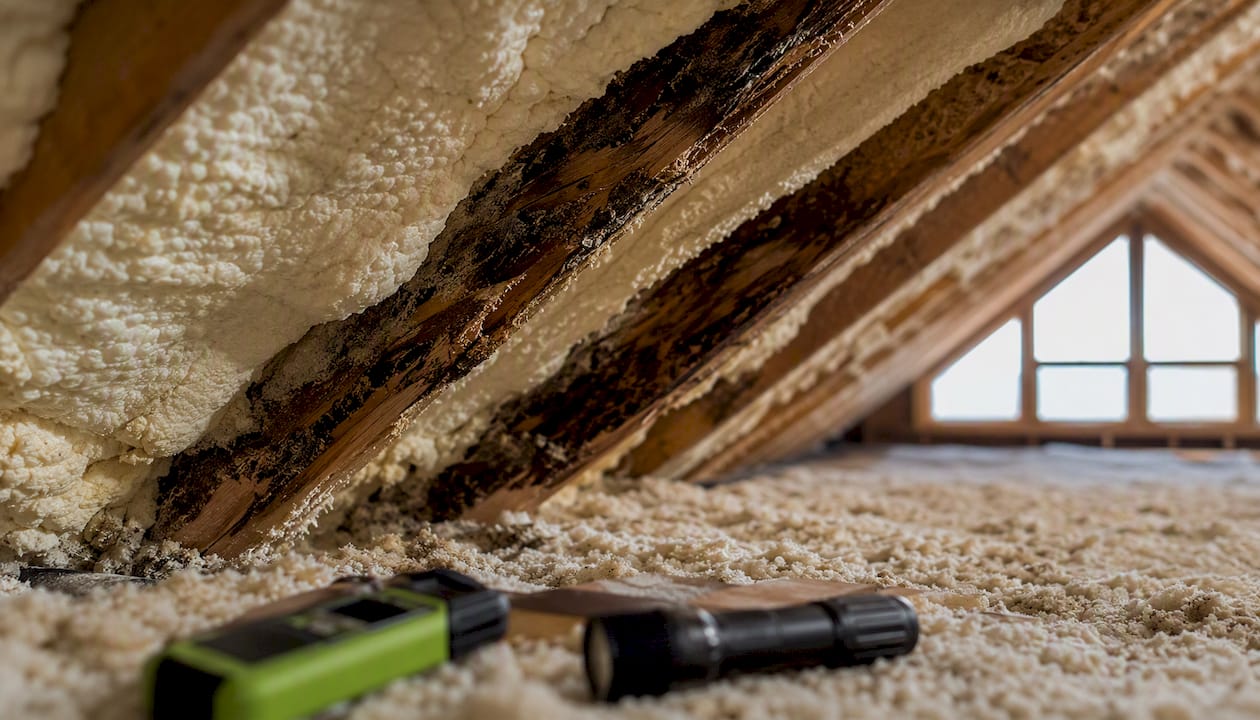 Moisture damaged timber under spray foam