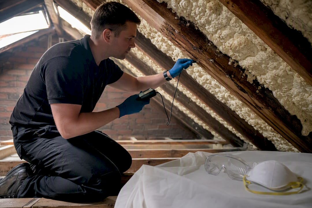 Moisture meter inspection on attic timber