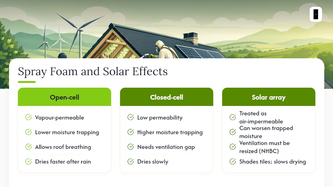 How spray foam affects ventilation, moisture and solar panel installation — overview diagram