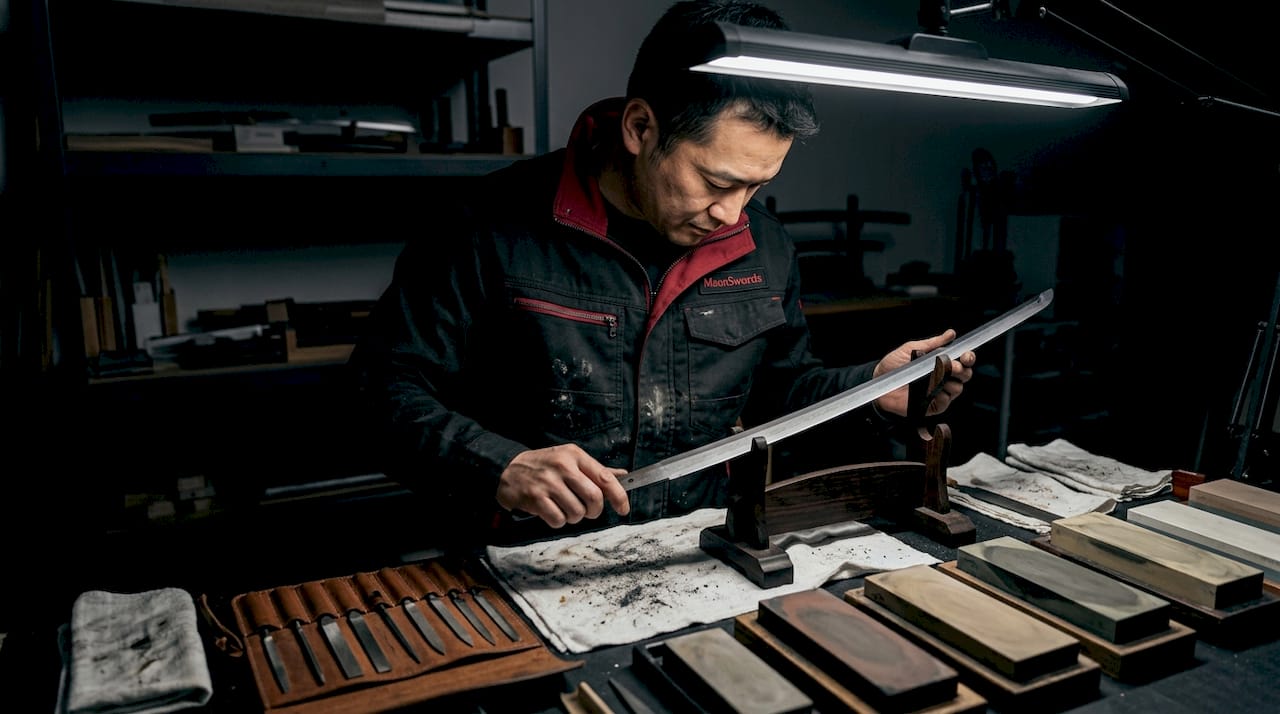 Craftsman inspecting hada grain pattern on katana blade