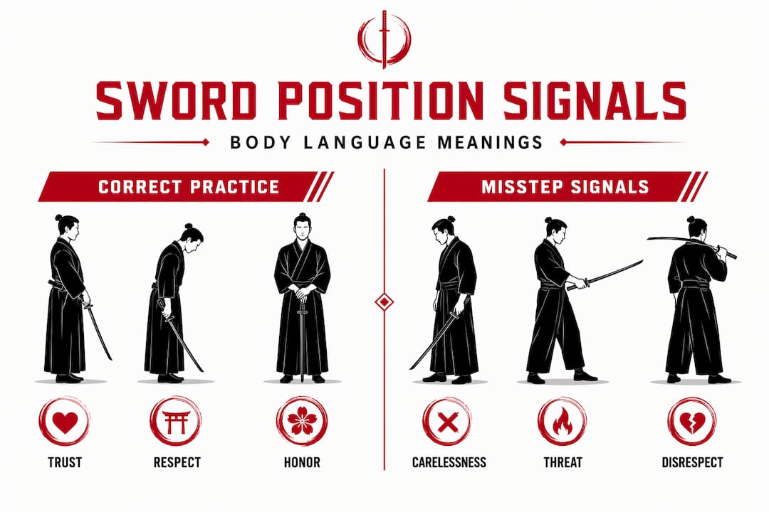 Infographic comparing correct and incorrect sword etiquette signals