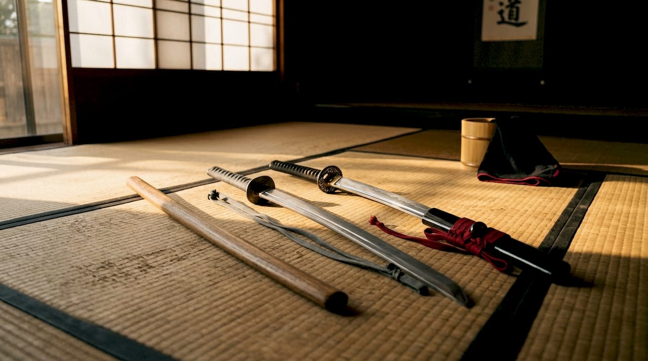 Iaido practice swords displayed on tatami mat