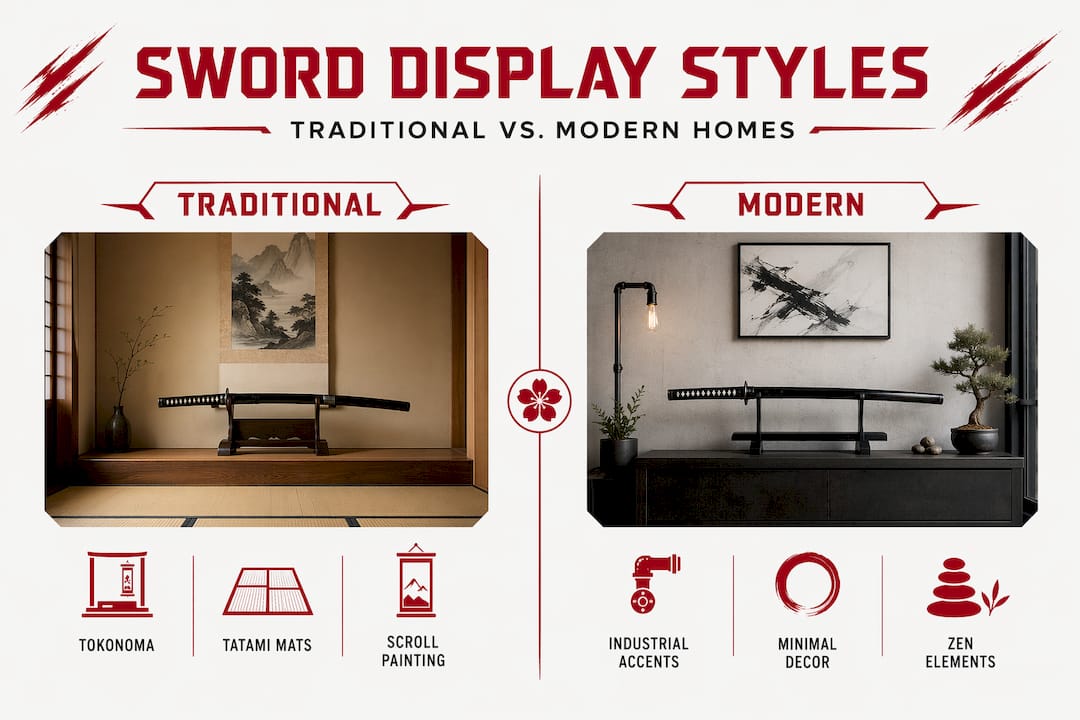 Infographic comparing traditional and modern sword decor styles
