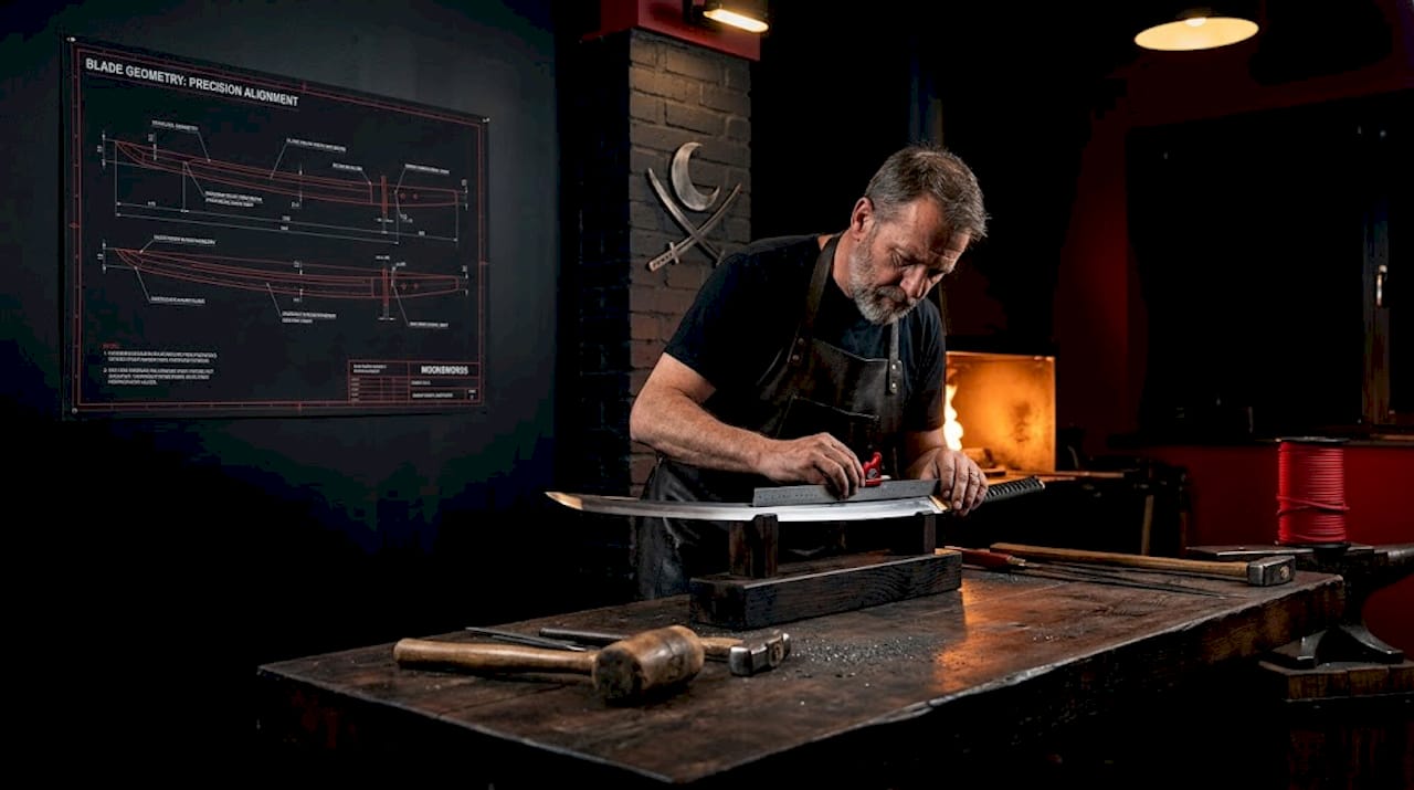 Swordsmith examining sword alignment in workshop