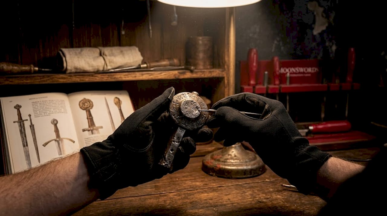 Conservator examines medieval sword pommel