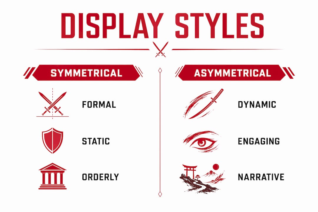 Infographic comparing symmetrical and asymmetrical sword displays