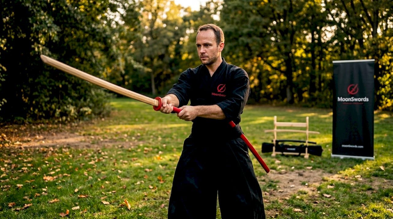 Martial artist practicing Korean kumdo sword art