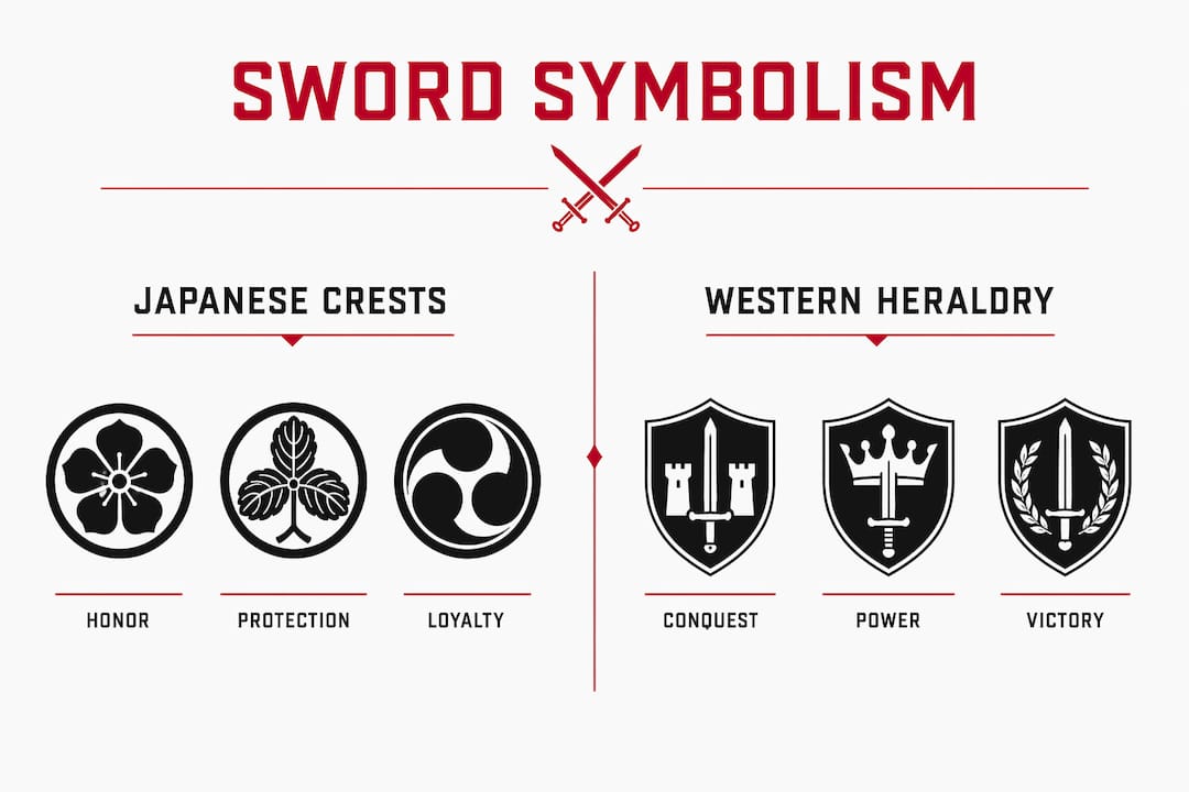 Infographic comparing sword symbolism in Japanese and Western crests