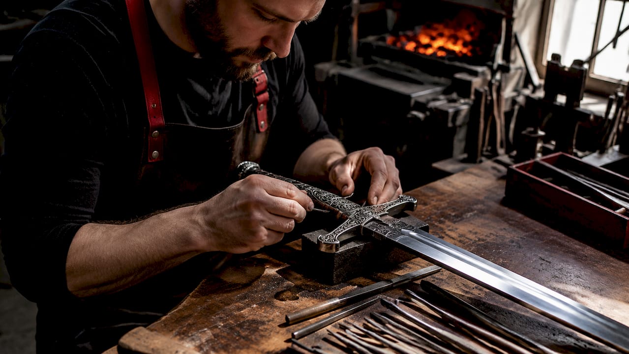Swordsmith polishing ornate sword hilt