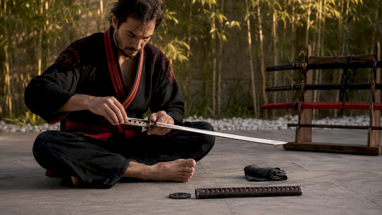 Martial artist inspecting katana tang in dojo