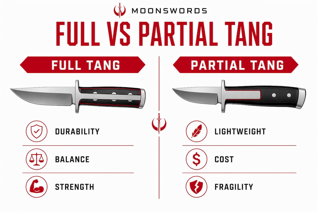 Infographic comparing full tang and partial tang katana features