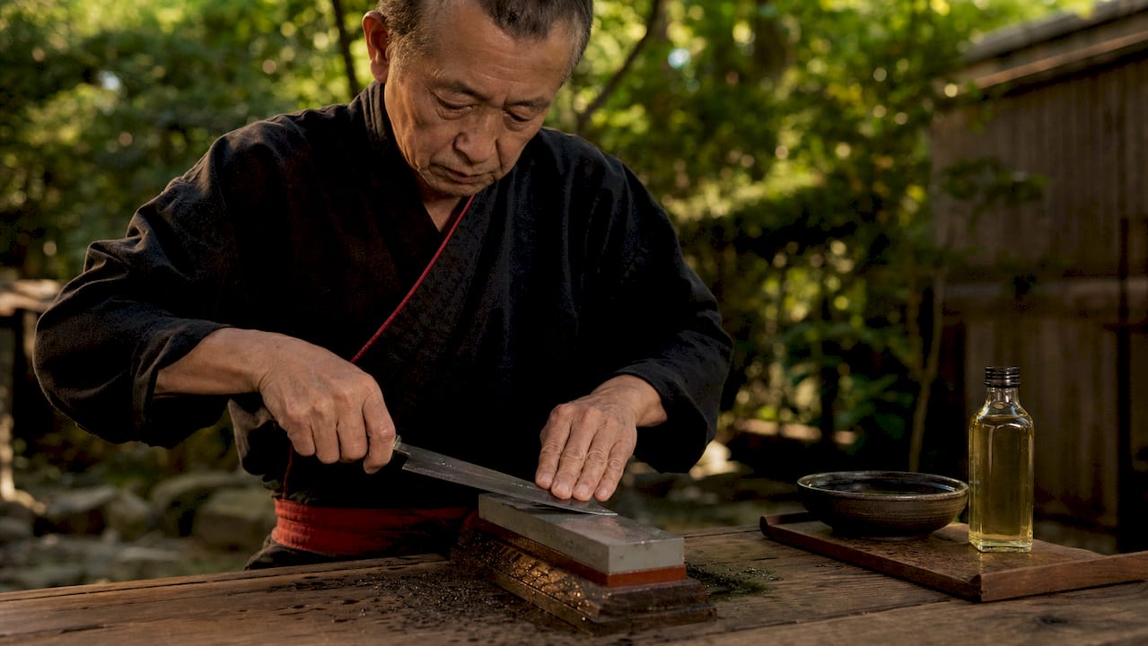 Chef sharpening carbon steel blade with camellia oil nearby