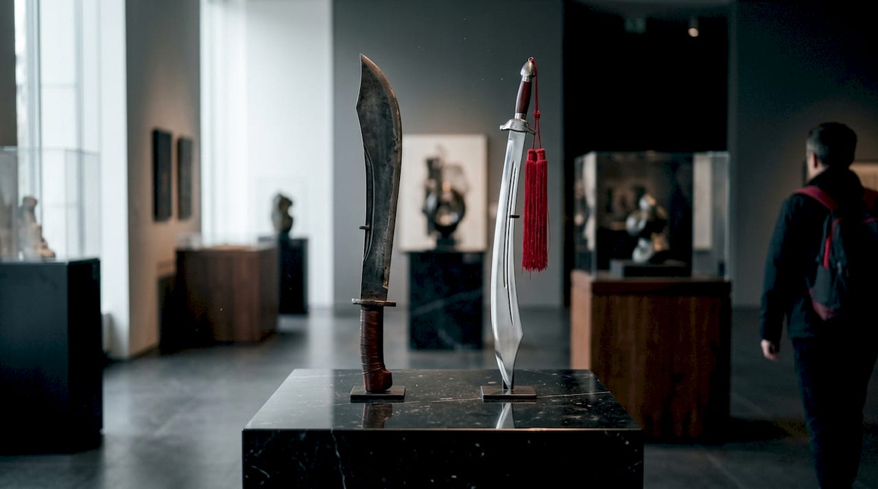 Two distinct Dao swords side by side on wooden table
