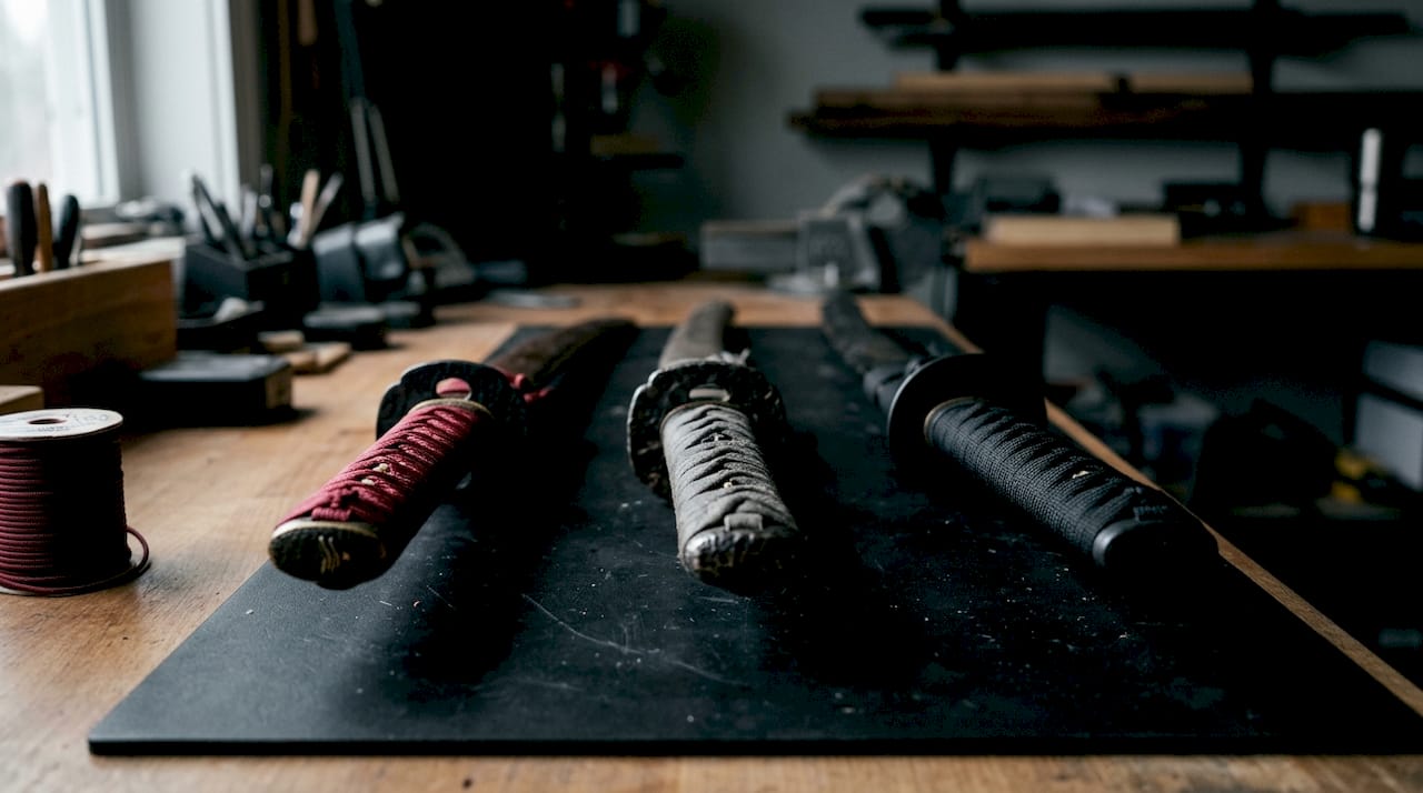 Close-up of katana hilts with varied wrapping materials