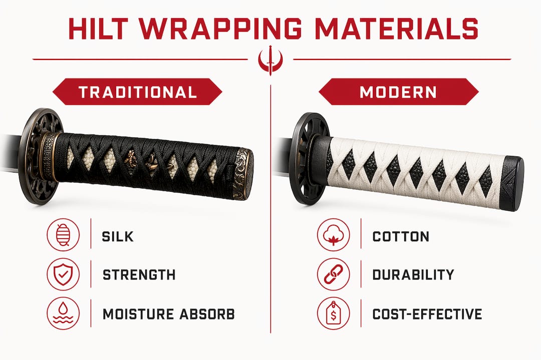 Infographic comparing traditional and modern katana hilt materials