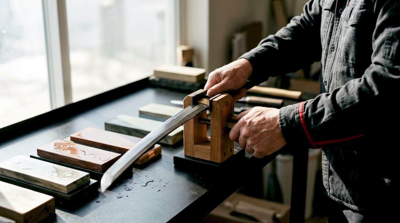 Close-up of hands and sharpening stones with sword clamp