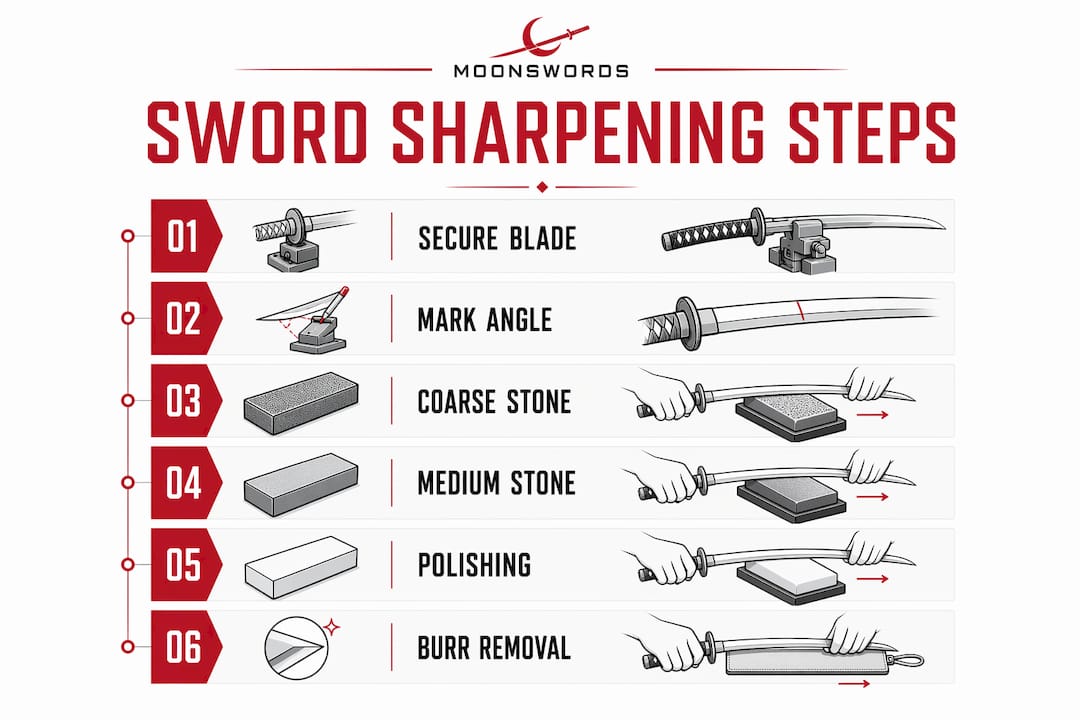 Infographic showing six numbered steps of sword sharpening