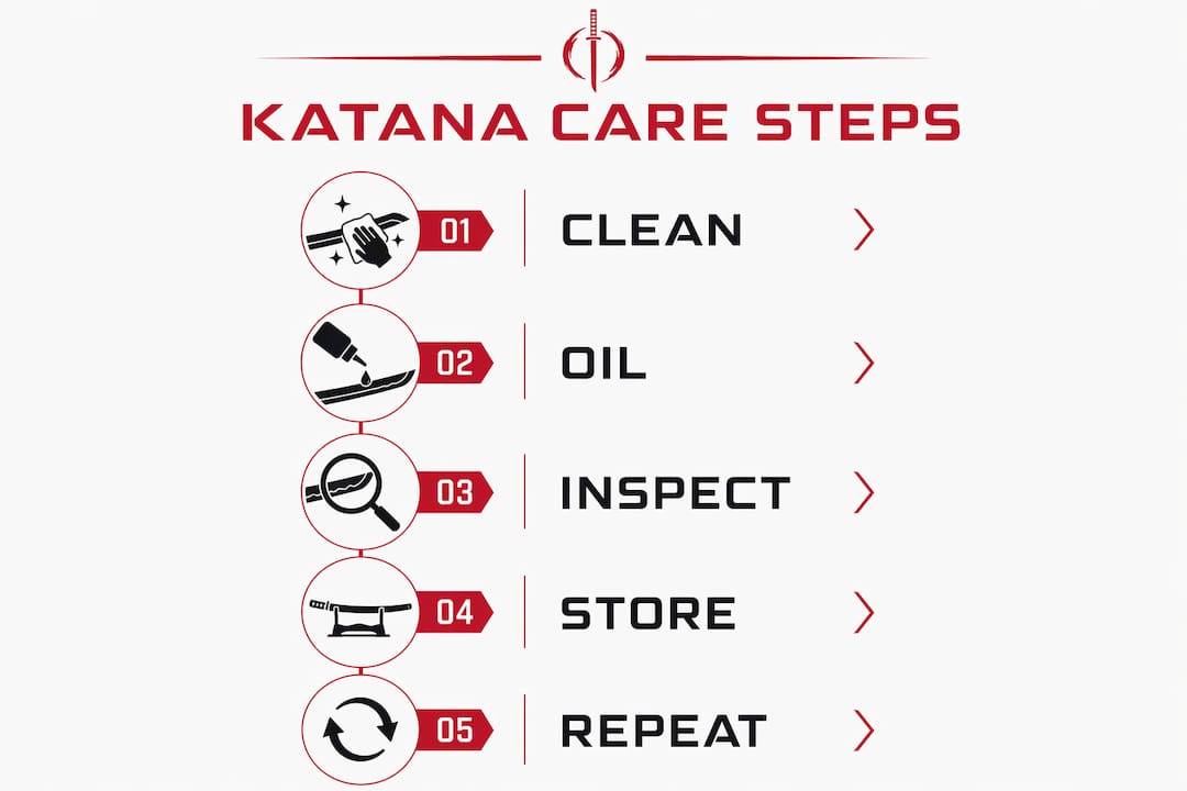 Infographic illustrating katana maintenance steps in sequence