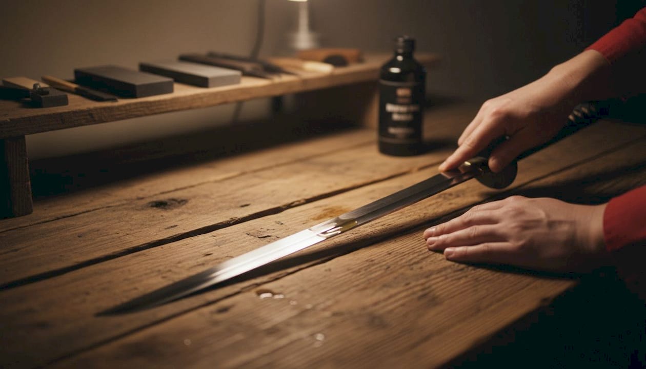 Hands oiling a sword blade