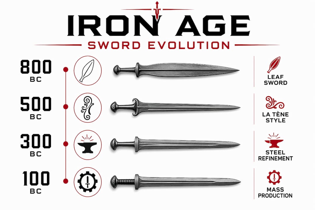 Timeline infographic of iron age sword evolution