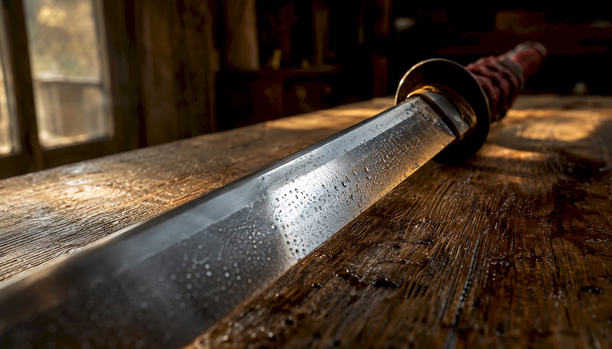 Close-up of sword blade with moisture and salt residue