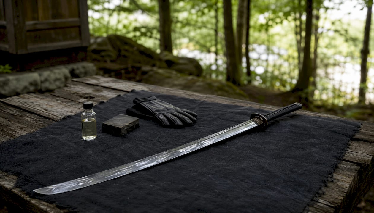 Sword cleaning and oiling tools arranged on cloth