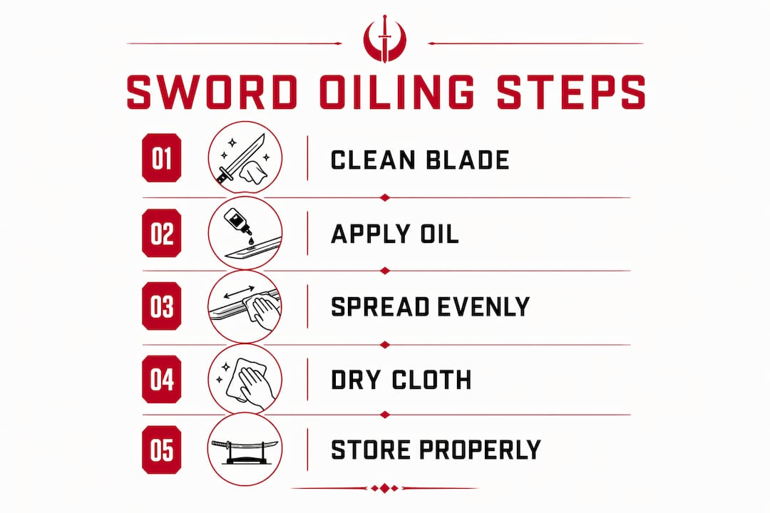 Infographic outlining steps to oil a sword blade after practice