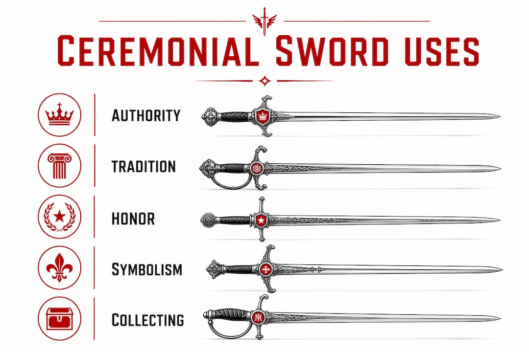 Vertical flow infographic of ceremonial sword purposes