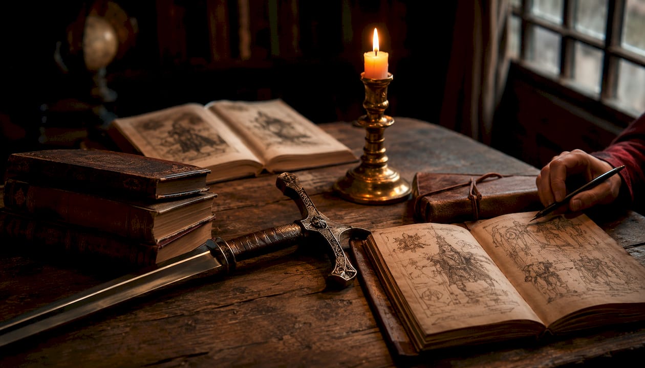Medieval longsword with history books on desk