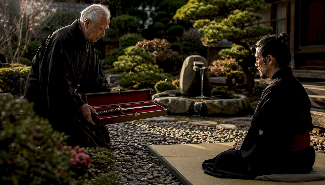 Ceremonial sword gifting in traditional room
