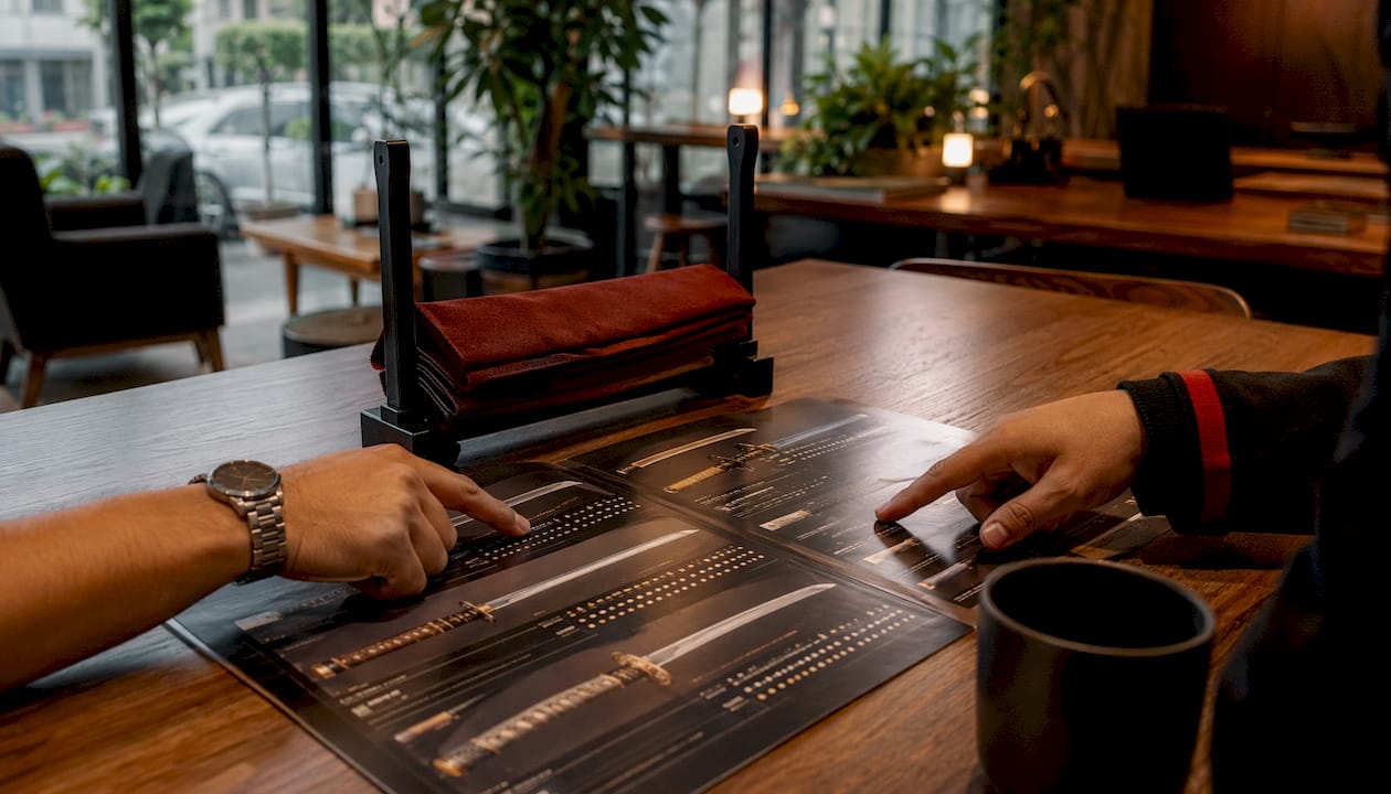 Overhead view of hands comparing katana options on desk