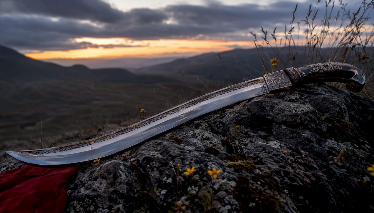 Close-up of curved saber with metal collar and engravings