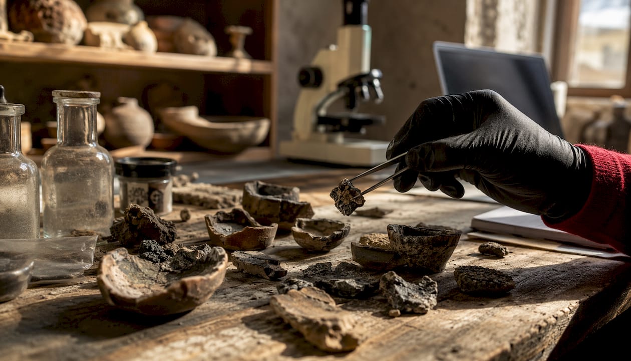 Lab worktable with crucible fragments and metallurgical tools