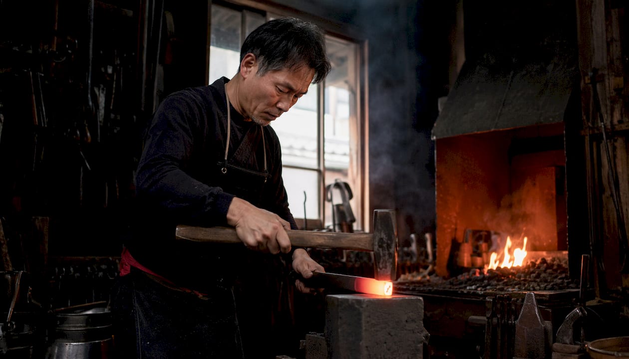 Swordsmith hammering hot steel blade in workshop