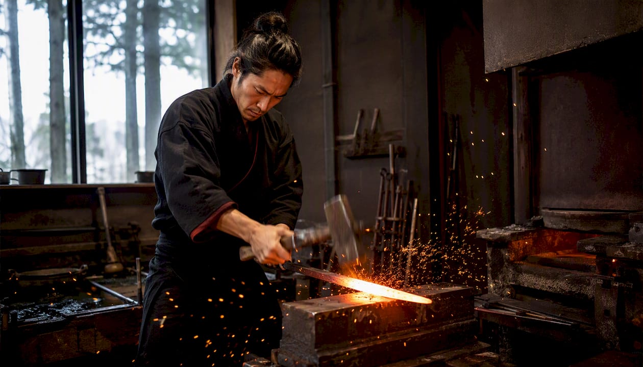 Blacksmith forging reverse blade katana in traditional forge