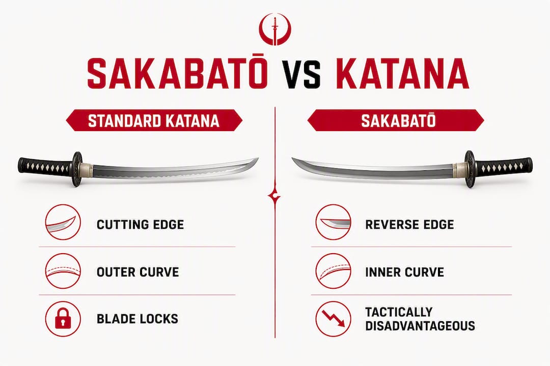 Infographic comparing sakabatō and standard katana features