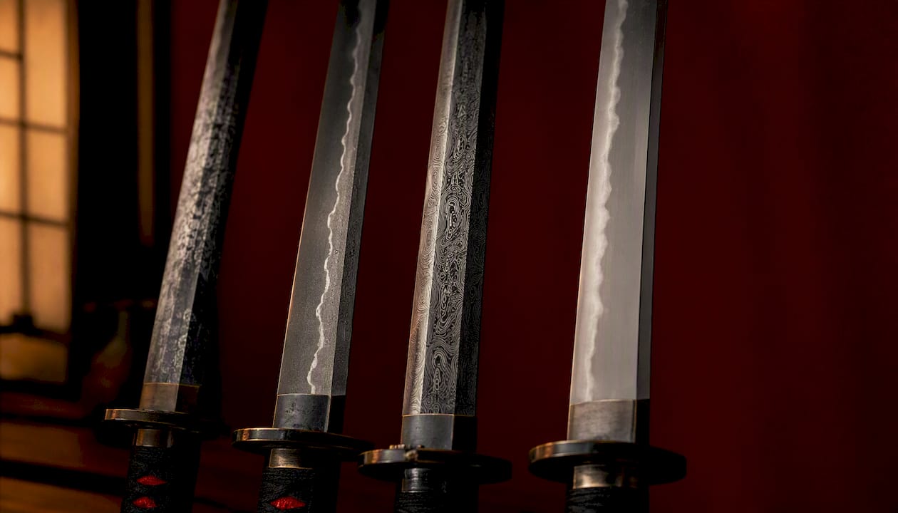 Different handmade katana steel types displayed