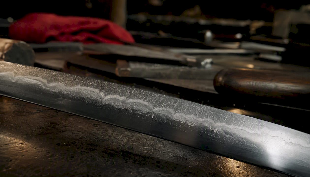 Close-up of katana blade clay tempering hamon