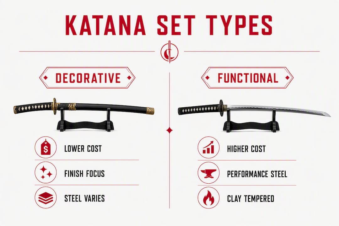Infographic comparing decorative vs. functional katana sets