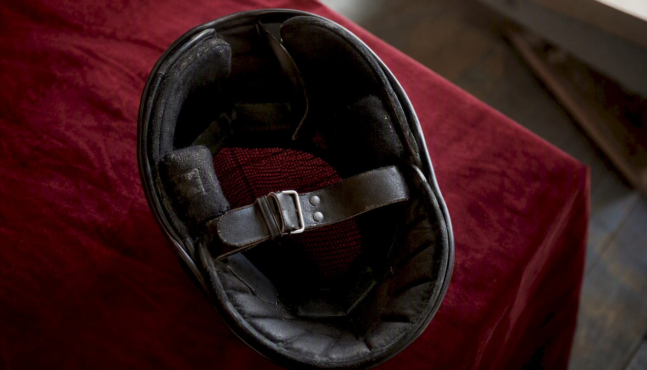 Close-up of fencing mask padded interior and strap